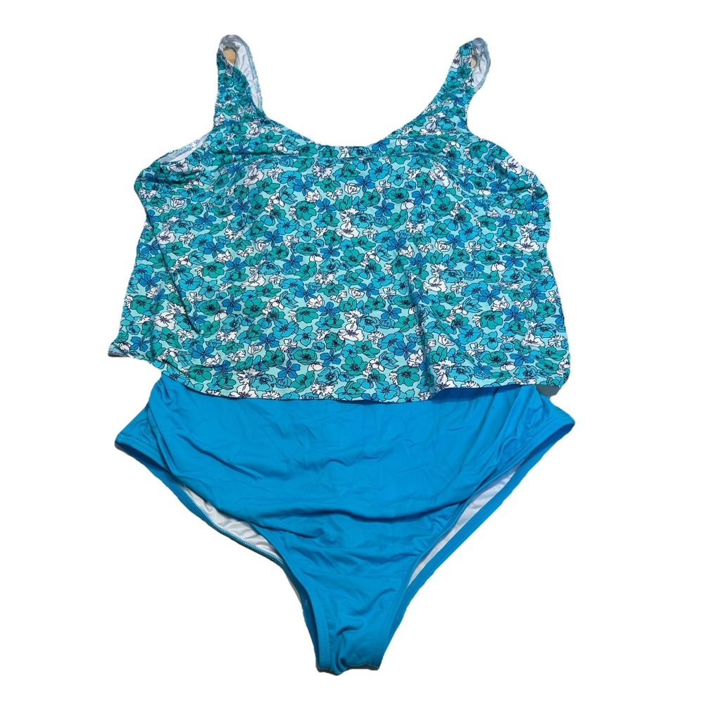 Lands End Womens Swimsuit One‎ Piece Size 18 L  XL Teal Blue Floral Bra Resort